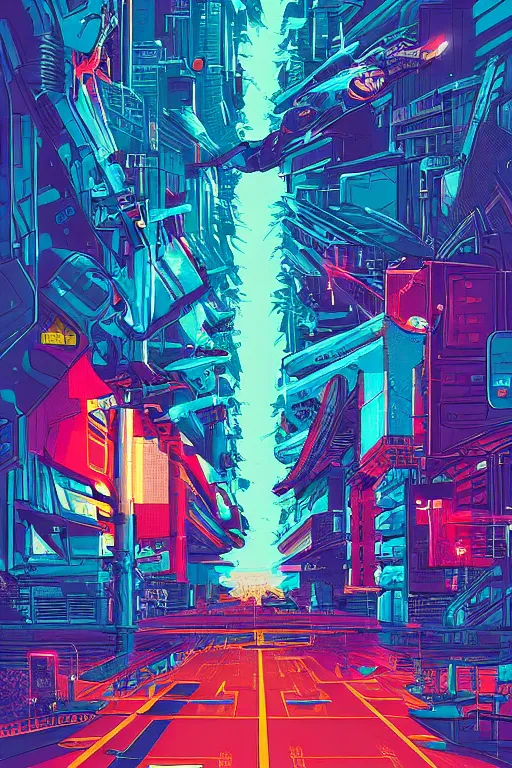 Image similar to thunders in the sky in a future cybernetic city, outrun style and colours, trending on arstation, by dan mumford, by ross tran