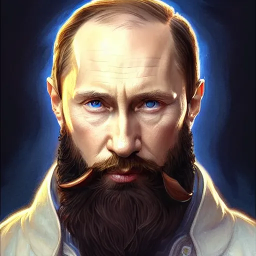 Image similar to Portrait of Putin with beard, D&D, blue eyes, face, fantasy, intricate, elegant, highly detailed, digital painting, artstation, concept art, smooth, sharp focus, illustration, art by artgerm and greg rutkowski and alphonse mucha