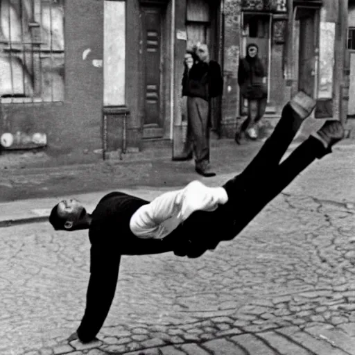 Prompt: A man doing a backflipping in the street, eye-catching , dramatic, photographed by Henri Cartier-Bresson on a Leica camera