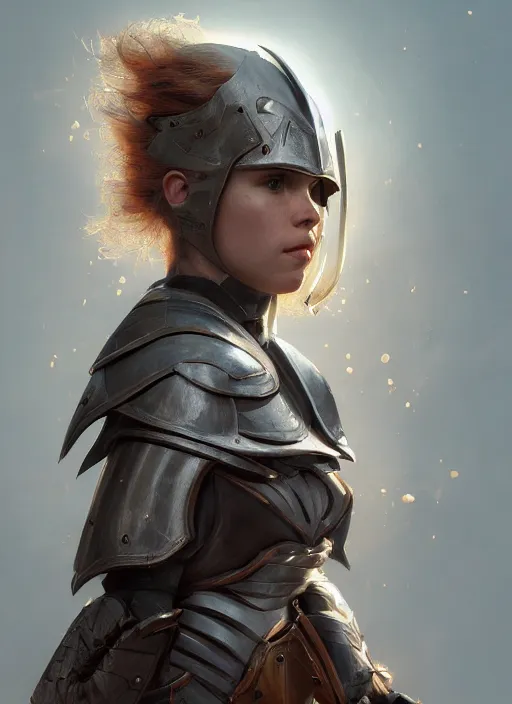 Image similar to portrait of ellen page as a legendary knight warrior, au naturel, hyper detailed, digital art, trending in artstation, cinematic lighting, studio quality, smooth render, unreal engine 5 rendered, octane rendered, art style by klimt and nixeu and ian sprigger and wlop and krenz cushart.
