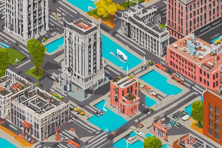 Image similar to isometric illustration of a city scape by Wes Anderson, hyperrealistic, photorealistic, artstyle, highly detailed, sharp