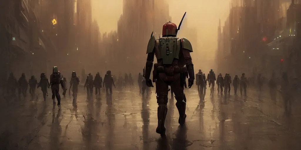 Image similar to a painting of a cinematic keyframe of a star wars mysterious boba fett walking into a cinematic landscape city, heavy atmosphere and smoke by greg rutkowski, rule of thirds, golden ratio, ambient lighting, wlop, artgerm, artstation, highly detailed masterpiece, dark fantasy art, high detail, trending on artstation