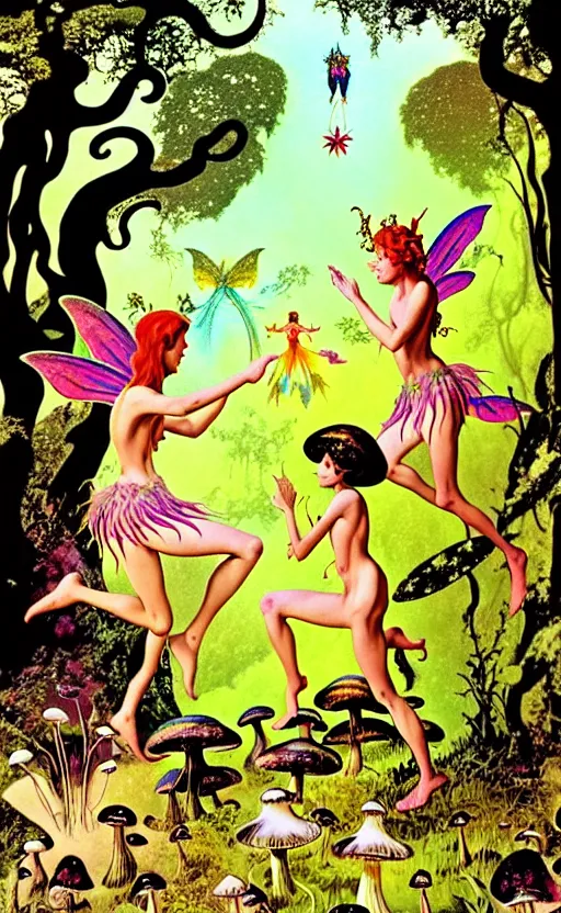 Prompt: psychedelic fairies in an enchanted forest with mushrooms on the ground wide angle shot, white background, vector art, illustration by frank frazetta and salvador dali