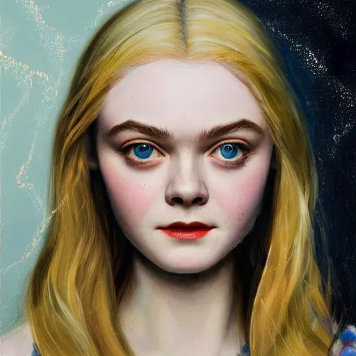 Image similar to professional painting of Elle Fanning in the style of Edward Okuń, head and shoulders portrait, symmetrical facial features, smooth, sharp focus, illustration, intricate, stormy weather, extremely detailed masterpiece,