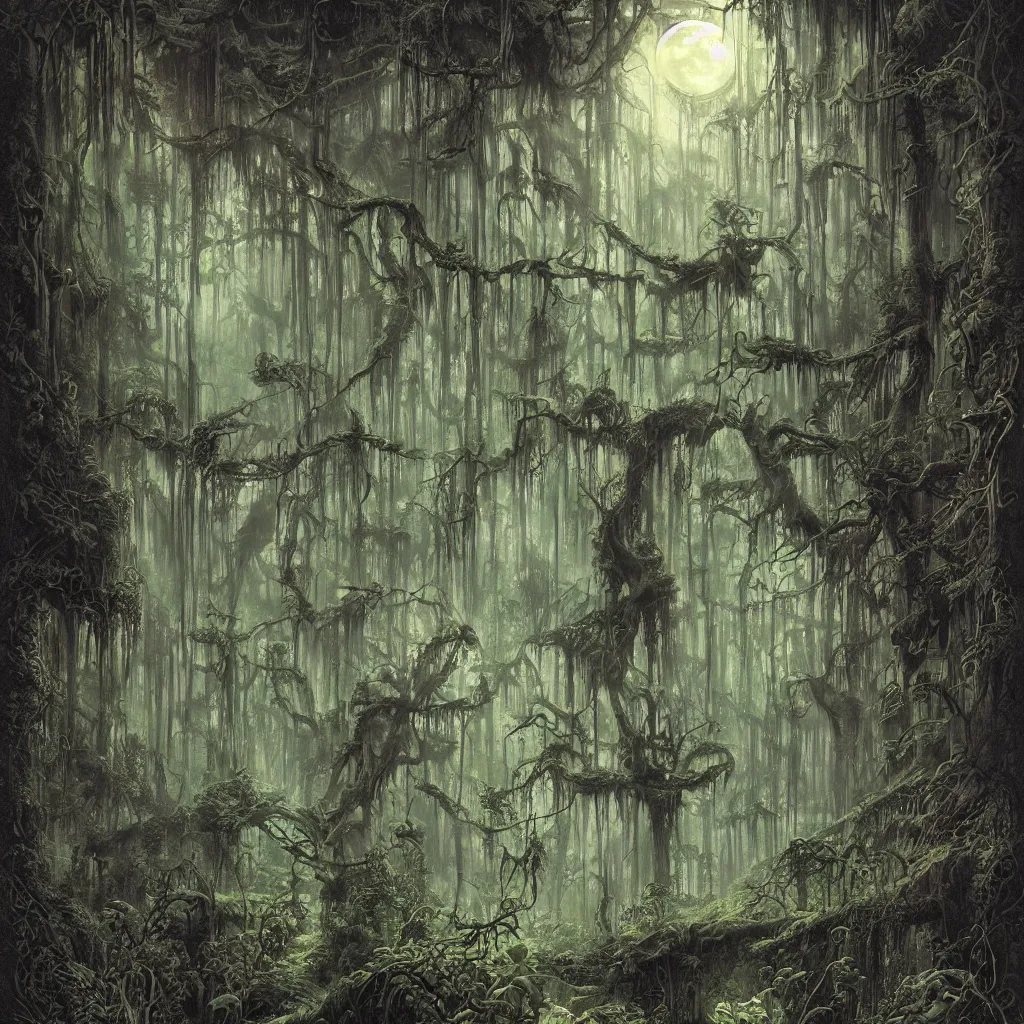 Image similar to a lush enchanted swampy forest at midnight, upward cinematic angle, heavy atmosphere, by Michael Kaluta, P. Craig Russell and Rodney Matthews, ghostly moonlight, stunning composition, intricate, elegant, digital art, hyperdetailed, mixed media painting, hyperrealistic, sharp focus, 8k