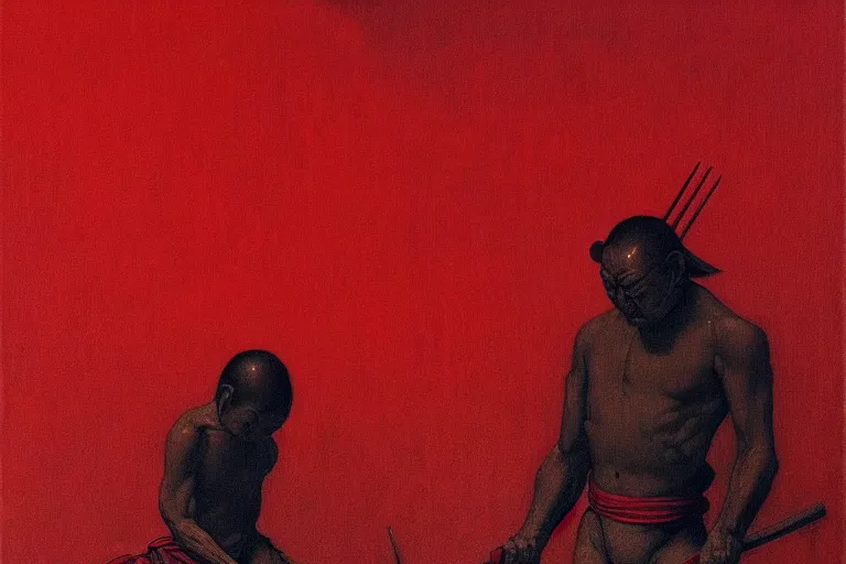 Image similar to only with red, a red samurai do seppuku, tokio, a lot of frogs watch, in the style of beksinski, parts by edward hopper, parts by rodcenko, parts by yue minjun, intricate and epic composition, red by caravaggio, insanely quality, highly detailed, masterpiece, red light, artstation, 4 k