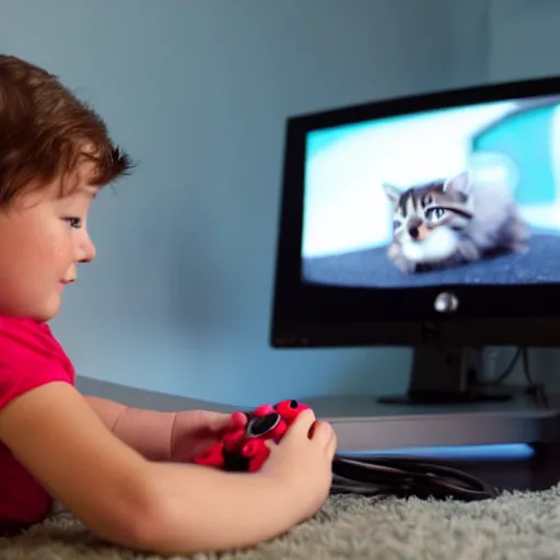 Prompt: Kitten playing video games in an bedroom, looking at a colorful computer monitor, wearing black headphones