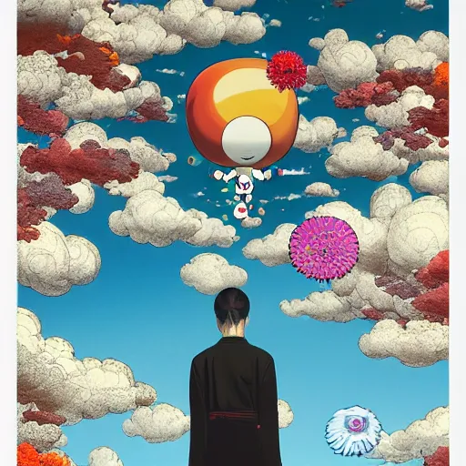 Image similar to a man walking on clouds above kyoto by takashi murakami, beeple and james jean, aya takano color style, 4 k, super detailed