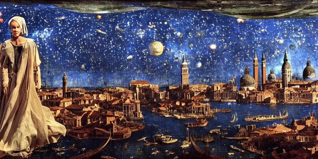 Image similar to scene from cosmologica a scifi movie by luchino visconti with mastroianni leaving the medieval cosmos to enter new universe. venice in the background. blue sky with a lot of stars and planets in the style of ( ( ( renaissance cosmological painting ) ) ). cinematic, technicolor, photorealistic, direct lighting, highly intricate, extremely realistic.