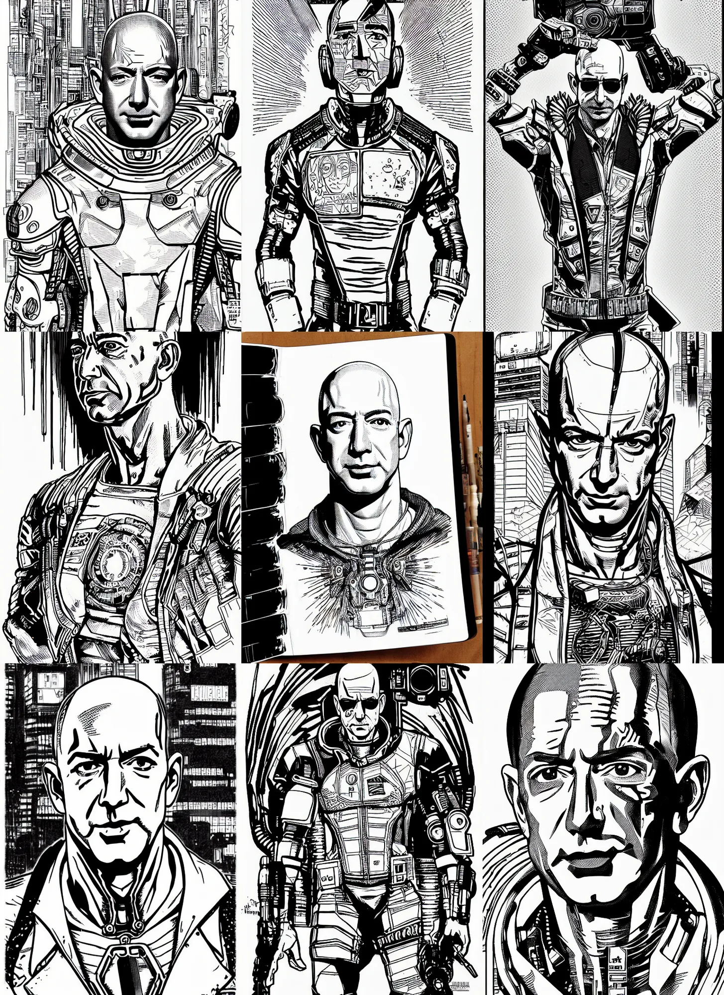 Prompt: jeff bezos, portrait, cyberpunk 2 0 2 0 manual, by steampoweredmikej, inktober, ink drawing, black and white, coloring pages, manga, highly detailed