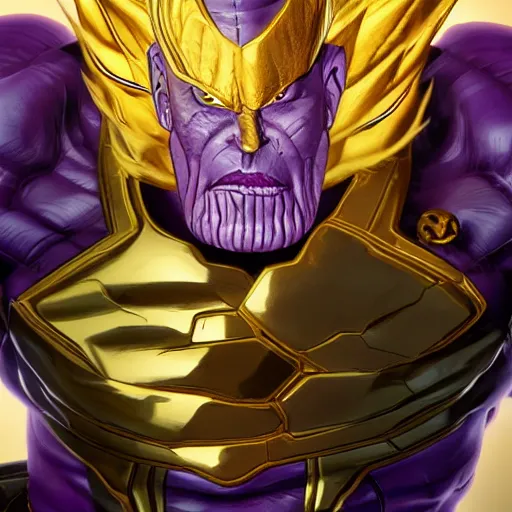 Image similar to thanos going super sayain, au naturel, hyper detailed, digital art, trending in artstation, cinematic lighting, studio quality, smooth render, unreal engine 5 rendered, octane rendered, art style by klimt and nixeu and ian sprigger and wlop and krenz cushart