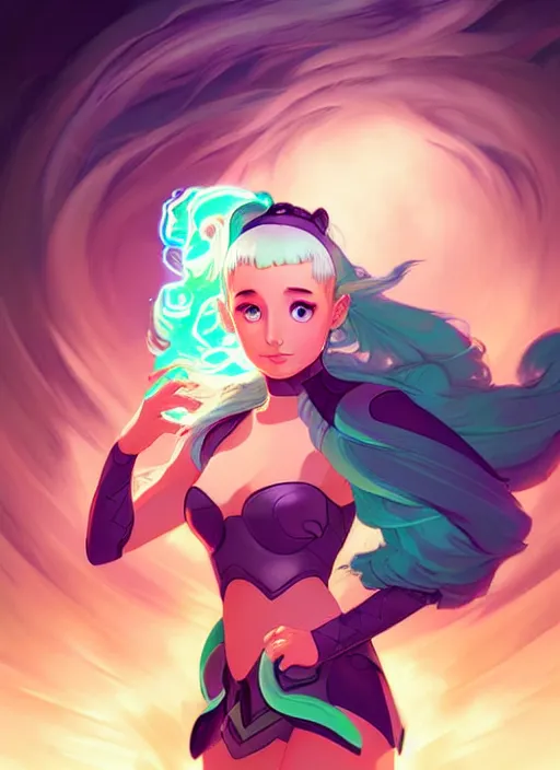 Image similar to style artgerm, joshua middleton, illustration, ariana grande as a high priestess wearing green pelt light armor, anime eyes, blue hair, swirling water cosmos, fantasy, dnd, cinematic lighting