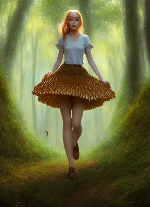 Image similar to young woman walking in skirt : : magic forest mushrooms nature : : weta disney pixar movie still photo : : decadent highly - detailed digital painting, full length shot, golden ratio, octane render, artstation, smooth, sharp focus, artgerm, mucha, loish, wlop, gogo