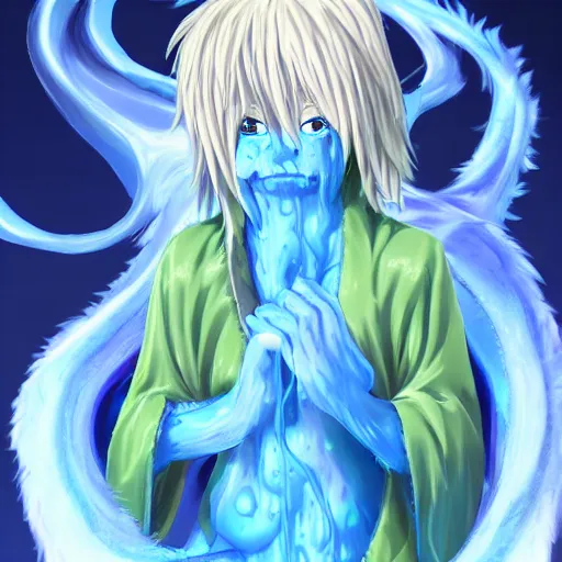 Prompt: rimuru tempest melting into blue slime, fan art, tensei shitara slime datta ken, cute, highly detailed, professional digital painting, concept art, extreme illustration, unreal engine 5, photorealism, hd quality, 8 k, bridegroom suit, fur scarf, cinematic, art by andy warhol, yoshitaka amano