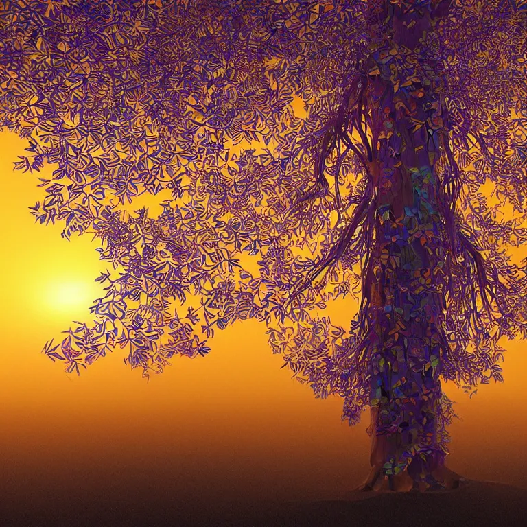 Prompt: The Bodhi Tree at Sunset, beautiful art with volumetric lighting, by Jonathan Zawada, Alphonse Mucha, beeple, Pi-Slices and Kidmograph