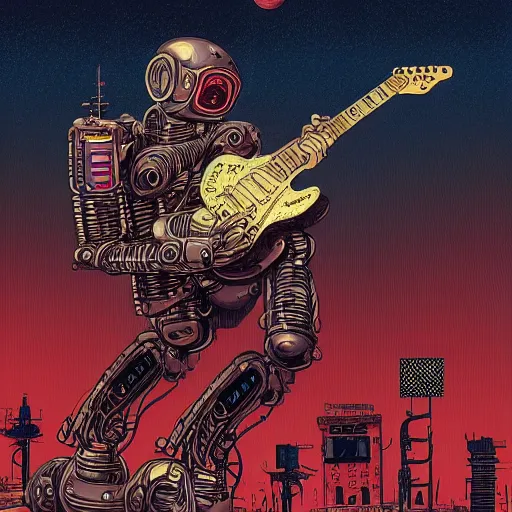 Image similar to illustration of a robot playing guitar in a ruined burning street by kilian eng, katsuhiro otomo and jean giraud moebius, biomechanical, nightime, blood moon