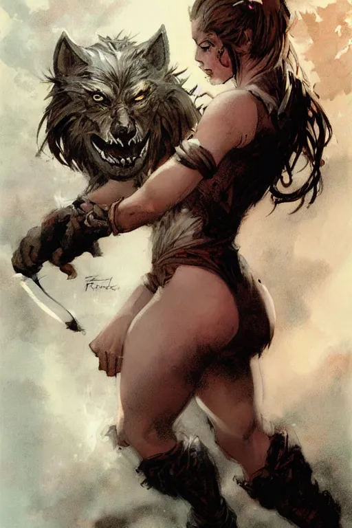 Prompt: a portrait of a werewolf girl transforming fantasy girl by Frank Frazetta and ross tran