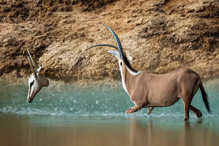 Prompt: ultra realistic nature photography, panoramic picture of ( subject : a beisa oryx drinking at a water hole ). wavy, scattered light entering from the water surface, artstation, focus on the beisa oryx, extremely hyperrealistic crisply sharp oryx, 8 k