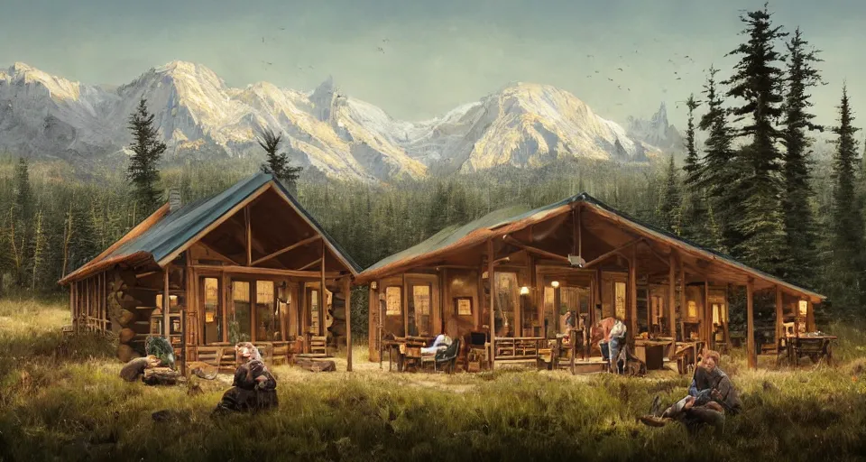 Image similar to cabela's beautiful comfortable modular pop - up insulated all terrain family dwelling, cabin,, person in foreground, mountainous forested wilderness open fields, beautiful views, painterly concept art, joanna gaines, environmental concept art, farmhouse, magnolia, concept art illustration, by james gurney, by craig mullins, by greg rutkowski trending on artstation