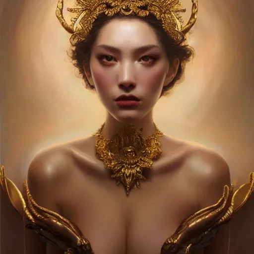 Prompt: expressive oil painting, of alluring european princess, seductive look, smirking, smooth glowing skin, glistening body, love, adoration, sweat, tattoos, ornate headpiece made of wool, glamour shot, by yoshitaka amano, by greg rutkowski, by jeremyg lipkinng, by artgerm, digital art, octane render, heavenly aesthetic