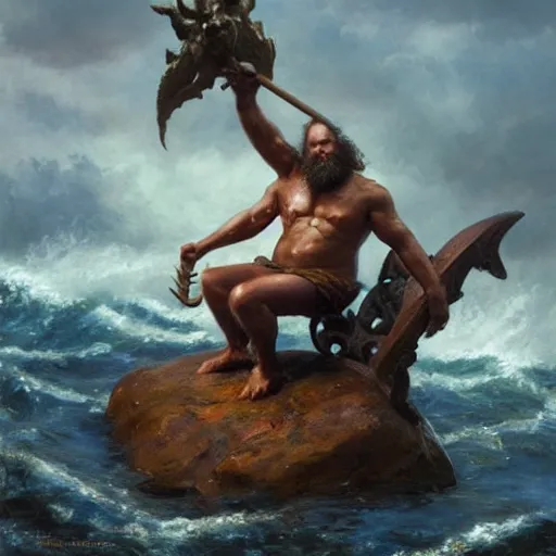 Image similar to by michael malm stormy. a sculpture of a mythological scene. large, bearded man seated on a throne, surrounded by sea creatures. he has a trident in one hand & a shield in the other. behind him is a large fish. in front of him are two smaller creatures.