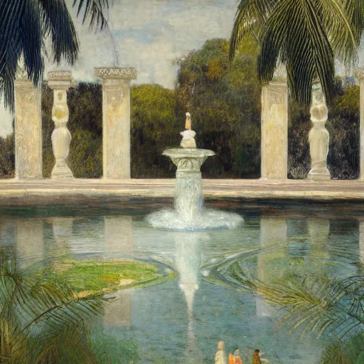 Image similar to a ultradetailed beautiful painting of a old fountain in the amazonas palace balustrade designed by jules bastien - lepage, tarsila do amaral, frank weston and gustave baumann, beach, trending on artstation, mediterranean, palm trees, sharp focus, soft light, 8 k 4 k