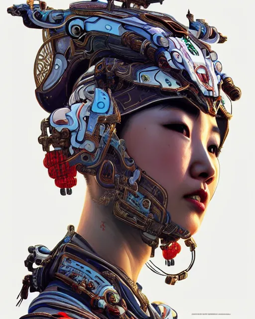 Image similar to portrait of a machine from horizon zero dawn, machine face, upper body, decorated with chinese opera motifs, asian, traditional chinese art, intricate, elegant, highly detailed, digital painting, artstation, concept art, smooth, sharp focus, illustration, art by artgerm and greg rutkowski and alphonse mucha, 8 k