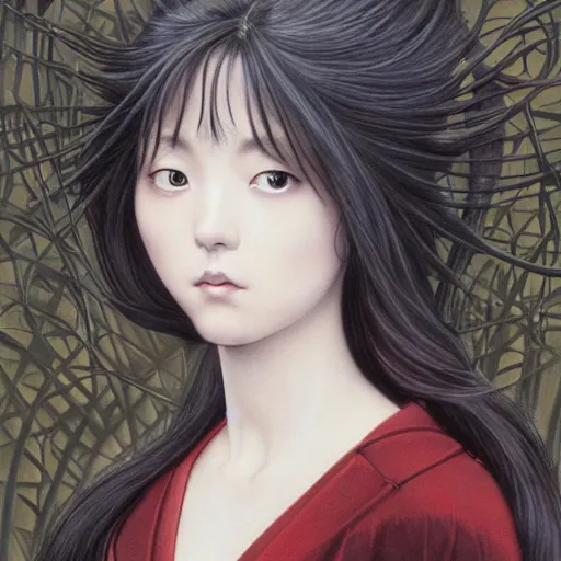 Prompt: realistic detailed face portrait of Nakamura Aya in japanese school uniform with burining fire in hands, Ayami Kojima, Amano, Charlie Bowater, Karol Bak, Greg Hildebrandt, Jean Delville, and Mark Brooks, Art Nouveau, Neo-Gothic, gothic, rich deep moody colors