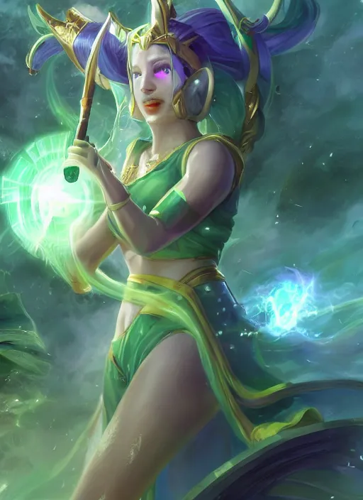 Image similar to soraka with magic wand on her hand healing the ones harmed, from league of legends, green aura from her wand, hyper detailed, digital art, trending in artstation, cinematic lighting, studio quality, smooth render, unreal engine 5 rendered, octane rendered, art style by klimt and nixeu and ian sprigger and wlop and krenz cushart