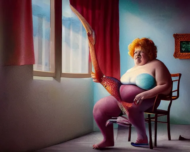 Prompt: an innocent and beautiful scene in hyper realistic style, about an fat old woman painting a huge colorful fish on the wall, lighting from the barred window. shadows. 4 k. wide angle. wild mood. red mouth, blue eyes. deep focus, lovely scene. ambient occlusion render. unreal engine.