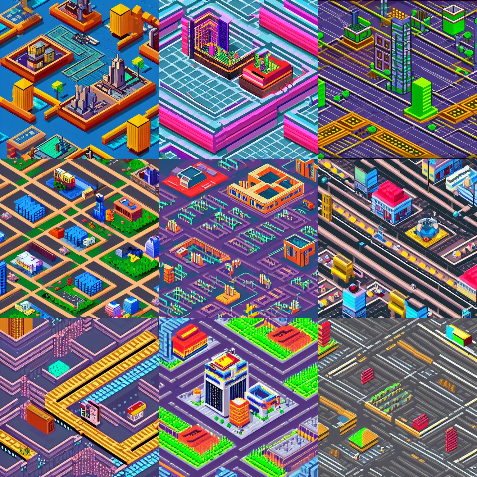Prompt: isometric pixel art cyberpunk city