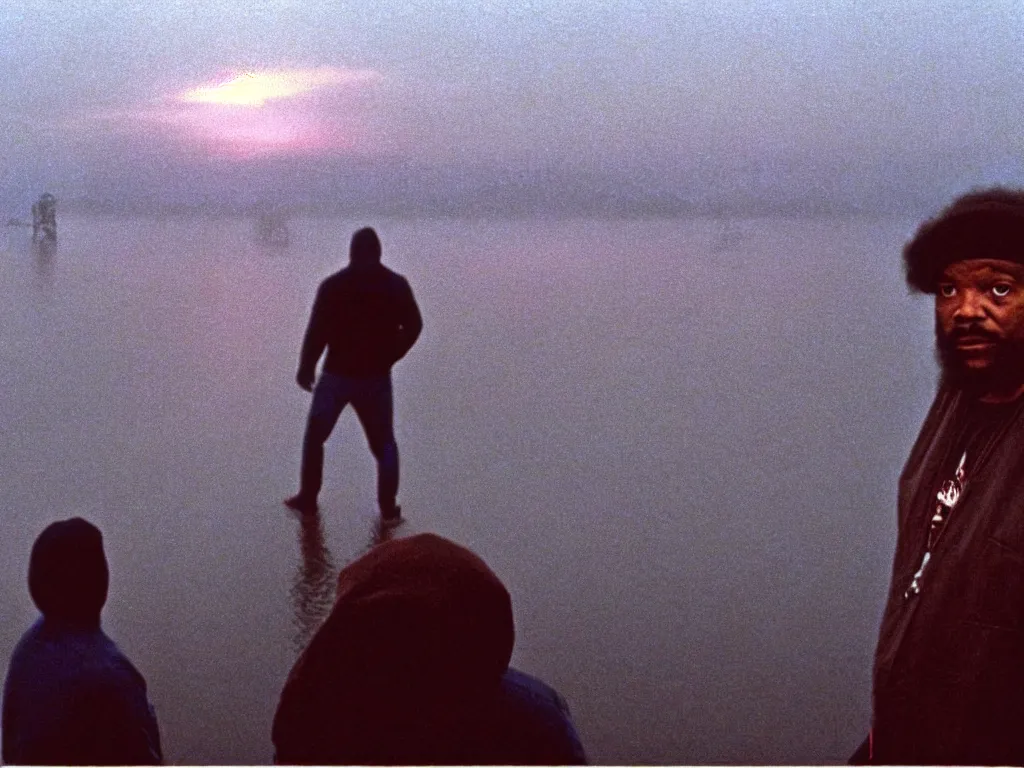 Image similar to the last poets of freedom, vintage 9 0 s vhs video still, fog over a lake, dramatic cinematic lighting, rich colors, sharp focus!, cronenberg