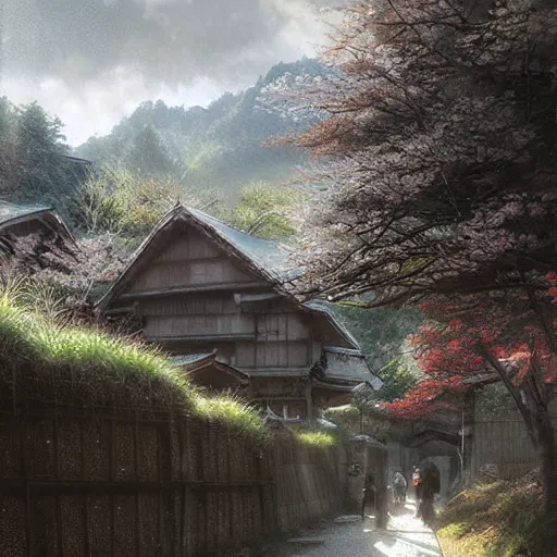 Image similar to walking around rural shirakawa - go, gifu, japan. volumetric lighting, spring late morning, nice slight overcast weather, realistic illustration, perfectly shaded, soft painting, low angle, art by krenz cushart and wenjun lin