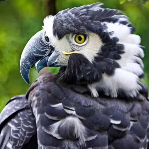 Image similar to harpy eagle and parrot hybrid animal, half harpy eagle half parrot, realistic photo taken in zoo