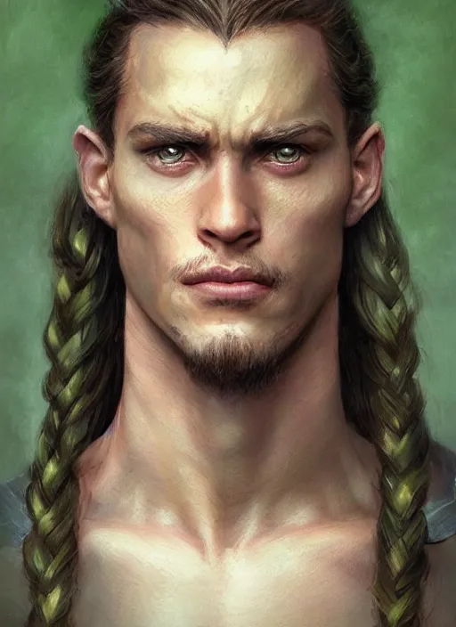 Prompt: a warrior in his twenties with long light brown hair tied back, light green eyes, a large forehead, a widows peak and a round face with high cheekbones and full lips as a realistic d & d fantasy character, portrait art by donato giancola and greg rutkowski, vintage retro, realistic face, digital art, trending on artstation