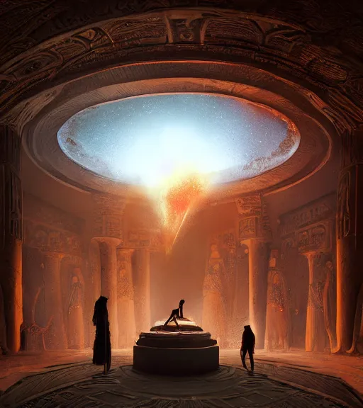 Image similar to fantasy movie scene greg rutkowski digital painting of an ornate and royal egyptian antechamber tomb, a circular pool with an erupting galaxy inside, unreal engine, hyper realism, realistic shading, ballerina, cinematic composition, blender render, octane render, hdr, detailed textures, photorealistic, ultrawide shot, 3 5 mm film