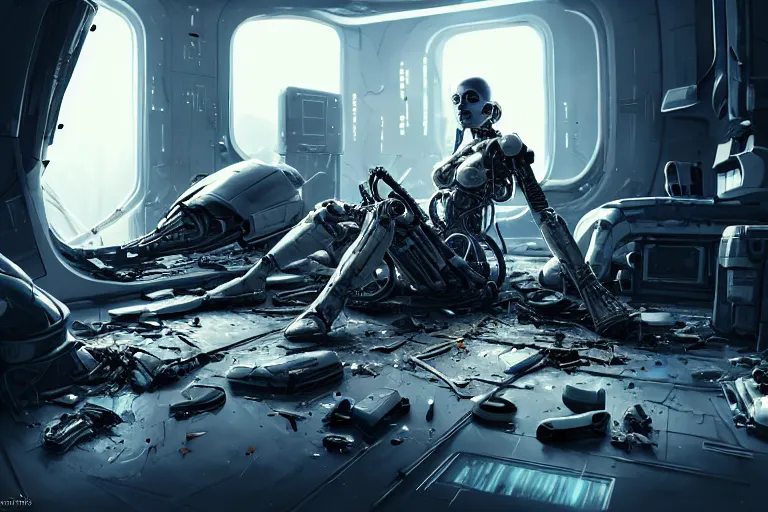 Image similar to Ultra realistic illustration, beautiful alluring damaged combat cyborg sitting on the floor of a crashed spaceship while being put back together in an super advanced military medical bay, discussing with other alluring cyborgs how to handle humans, cyberpunk, sci-fi, fantasy, intricate, elegant, highly detailed, digital painting, artstation, concept art, smooth, sharp focus, illustration, art by artgerm and greg rutkowski and alphonse mucha