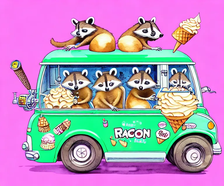 Prompt: cute and funny, racoon riding in a tiny ice cream truck with an oversized engine, ratfink style by ed roth, centered award winning watercolor pen illustration, isometric illustration by chihiro iwasaki, edited by range murata, tiny details by artgerm and watercolor girl, symmetrically isometrically centered, sharply focused