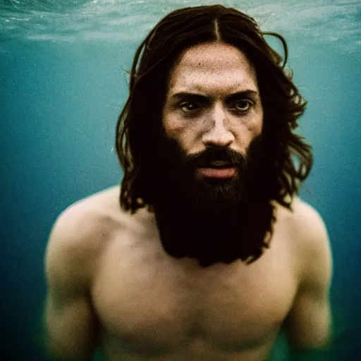 Image similar to portrait photograph of Jesus on cross underwater,super resolution. 85 mm f1.8 lens.bokeh.graflex. Alessio albi