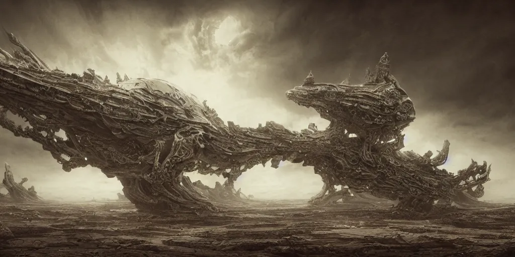 Prompt: a large ominous and geometric very ornate and detailed spaceship, lots of shapes intertwined very large and long floating over a barren dry land with an epic cloud formation on the background by lebbeus Woods, gustave doré, zhuoxin ye, James Paick,very detailed, octane render, 8k, scary and brooding, scary and dark, canon 24mm lens