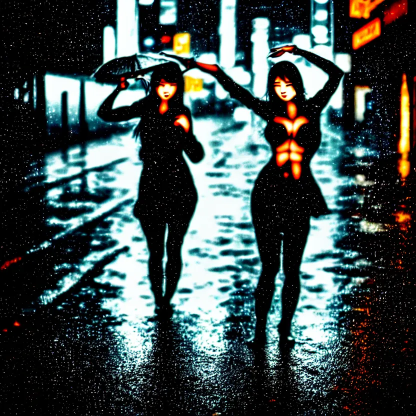 Image similar to a photo close up cyberpunk woman dancing in the rain, cyberpunk hiroshima, prefecture streets, midnight, photorealistic, cinematic lighting, highly detailed, bokeh, style by tomino - sama