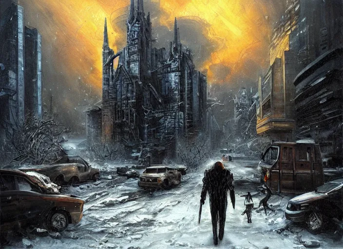 Image similar to An apocalyptic cyberpunk horror, dramatic, cinematic, oil painting, snow, neo-gothic