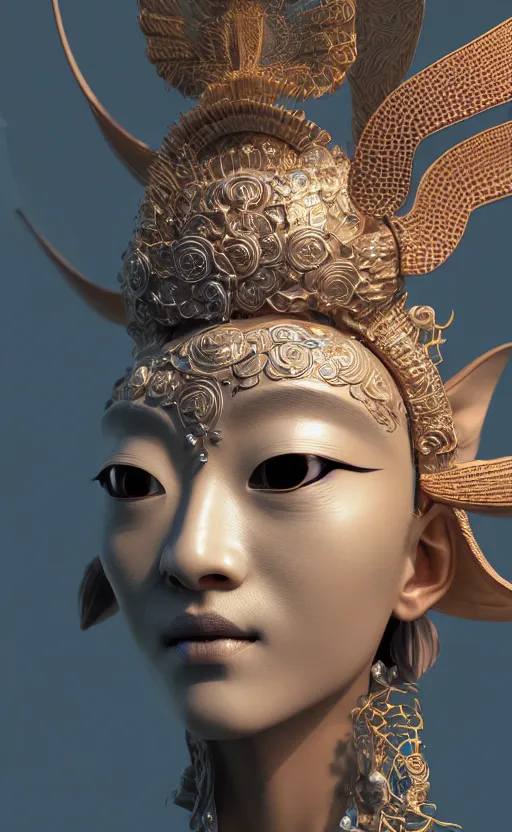 Image similar to 3 d goddess close - up profile portrait. beautiful intricate highly detailed korean gumiho mask and traditional hanbok. stingray, magpie, bio luminescent, plasma, ice, water, wind, creature, artwork by tooth wu and wlop and beeple and greg rutkowski, octane 3 d render