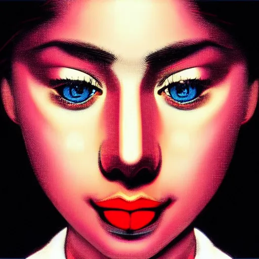 Prompt: tv actress with warm eyes, slim features, hallucinating happily. box office hit, nineties italian romcom. unreal engine, intricate, ultra detailed 8 k, ambient reflective occlusion, extremely beautiful and aesthetic shape of face, eyes, neck, and smile. art by hiroaki samura and ilya kuvshinov and monet and andy warhol, inverted