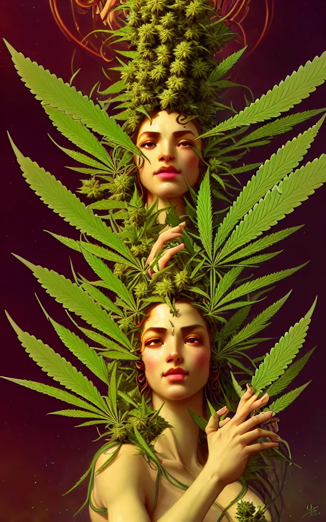 Prompt: epic scale cinematic marijuana deity character concept perfect focus closeup macro photography of a beautiful marijuana bud crystals trichomes, densely packed buds of weed, sacred dmt weed superheroine visionary art by greg rutkowski android jones artgerm alphonse mucha rule of thirds golden ratio alien plants