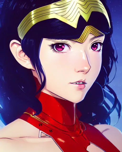 Image similar to portrait Anime as Wonderwoman girl cute-fine-face, pretty face, realistic shaded Perfect face, fine details. Anime. realistic shaded lighting by Ilya Kuvshinov katsuhiro otomo ghost-in-the-shell, magali villeneuve, artgerm, rutkowski, WLOP Jeremy Lipkin and Giuseppe Dangelico Pino and Michael Garmash and Rob Rey