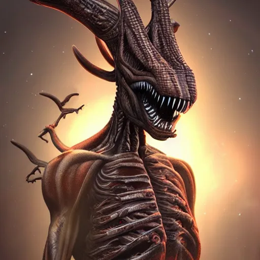 Image similar to alien spawn erupting out of a deer's body, hyper detailed, digital art, trending in artstation, cinematic lighting, studio quality.