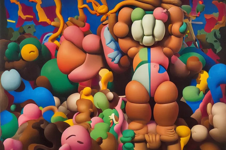 Prompt: abstract kaws culpture figure by james jean and salvador dali and shusei nagaoka, oil on canvas, surrealism, neoclassicism, renaissance, hyper realistic, ultra detailed, cell shaded, 8 k