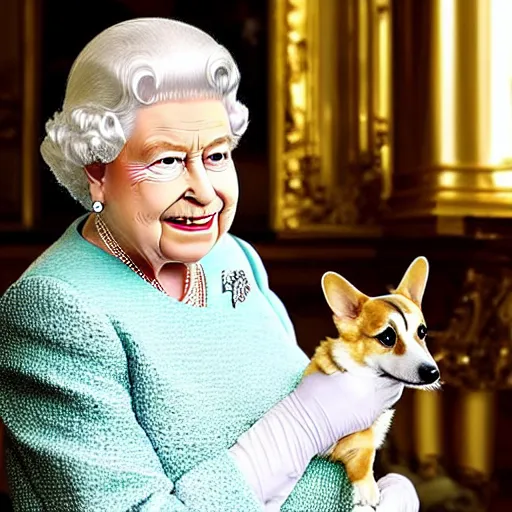 Image similar to paparazzi photo of queen elizabeth sipping on a gin martini with her corgis who are also sipping gin martinis, the corgis are wearing sweaters, royal palace interior, natural sunlight, soft focus, highly detailed