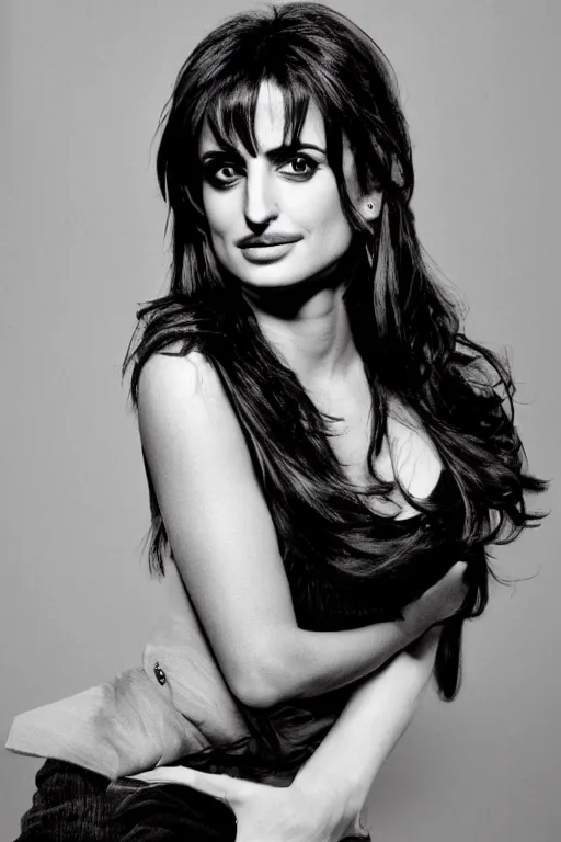 Image similar to photo portrait of penelope cruz, realistic, black and white, in style of phil borges